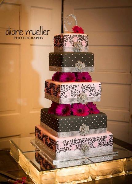 Pink & Brown Wedding Cake with daisies
Thanks to Diane Mueller Photography